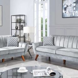 ✅️✅️2 pc light grey velvet fabric mid century modern sofa and love seat set Langley street wooten✅️✅️✅️