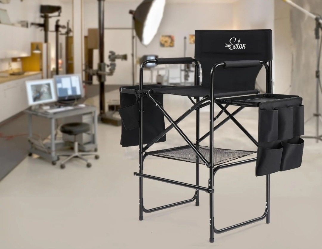 OmySalon 31in Portable Folding Director Chair with 2 Retractable Side Tables