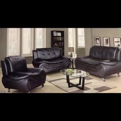 Black Leather Three Piece Couch Set 