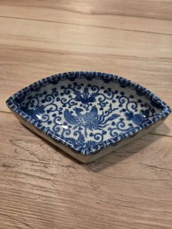 Vintage Japanese Blue and White Phoenix Bird 6" Fan Shaped Trinket Dish