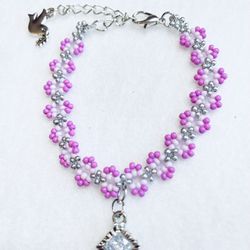 Pink purple Braided Bracelet Silver Dove Bird Charm Zirconia New
