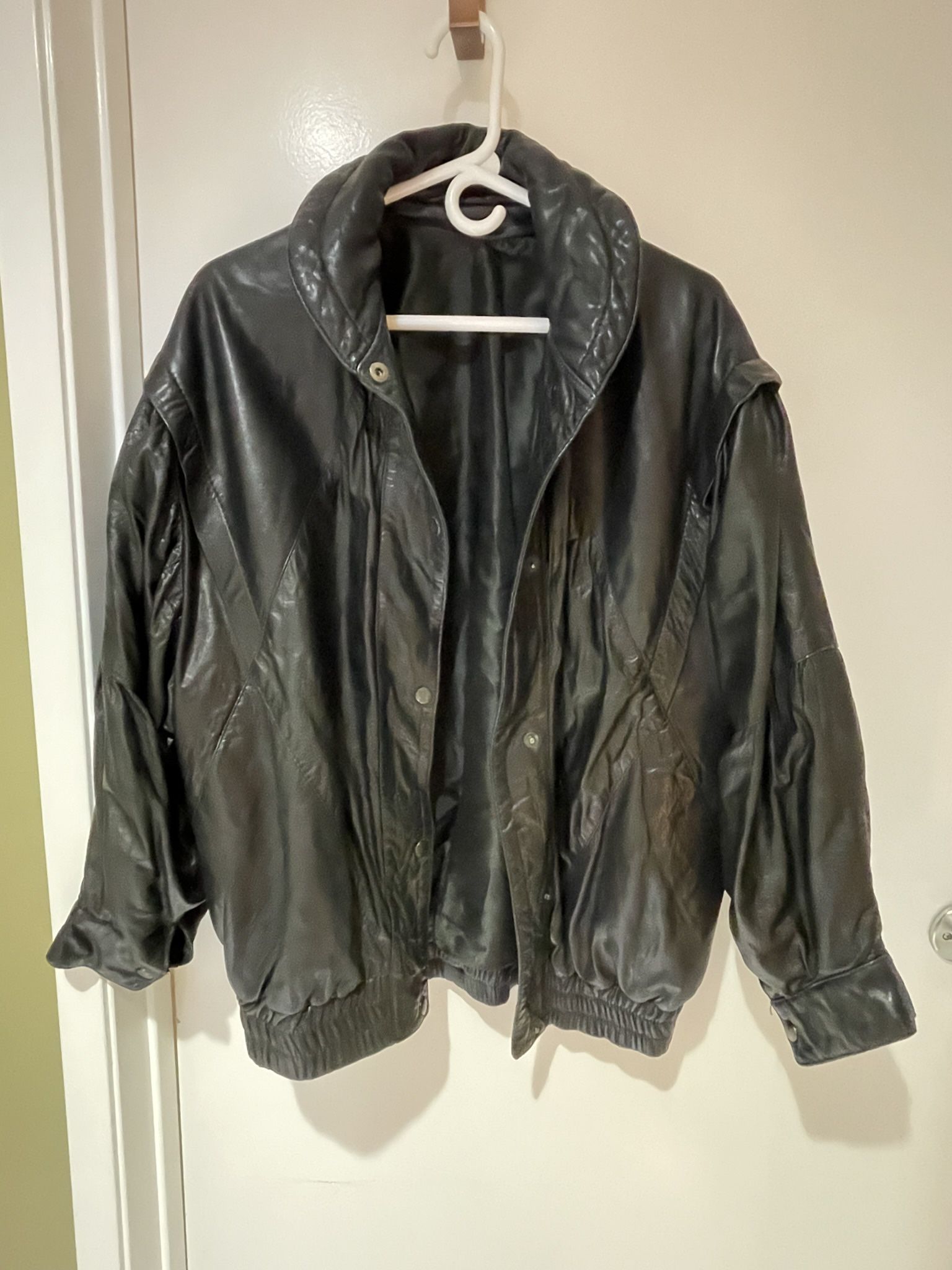 Black Leather Bomber Jacket Size XL