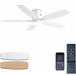 Ceiling Fans with Lights, 52" Low Profile Indoor Ceiling Fan with Light and Remote Control, Dimmable, Noiseless, Reversible, White Ceiling Fan for Bed
