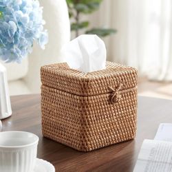 Rattan Square Tissue Box Cover, 5.7" x 5.7" x 5", Decorative Woven Facial Tissue Holder with Hinged Top Lid, Natural Color