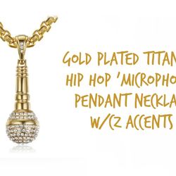 'Hip Hop' Microphone CZ Pendant Necklace, Gold Plated Titanium