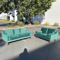 New Set Only! $385!! Velvet Sofa, Modern 3-Seat Couch (80”) And Loveseat (59”) In Green