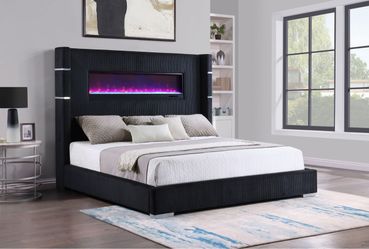 Black Upholstered Platform Bed with Fireplace Headboard