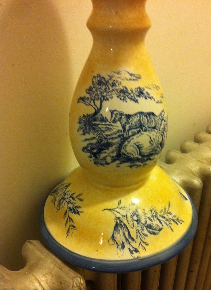 Very Large Vintage Pastoral Farm Toile Transferware Pillar Single Candle Holder Blue Yellow
