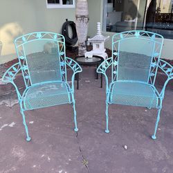 Vintage Turquoise wrought iron mesh patio chairs