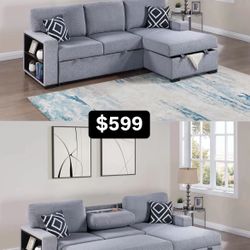 Small Grey Fabric Convertible Sectional Cup Holder Shelf On The Side 