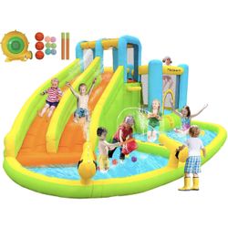 FBSPORT Inflatable Bounce House,Water Slide Park Bouncer Castle with 2 Slide & Double Cannon, Climbing Wall, Kids Bouncy Castle with 550W Air Blower f