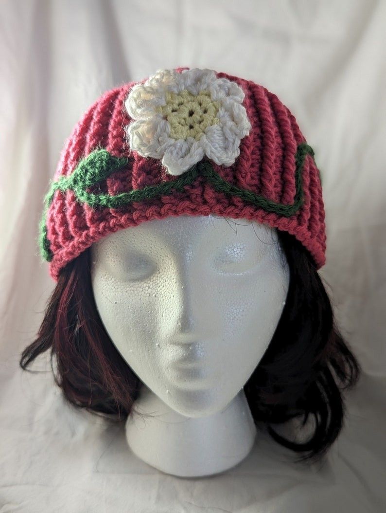 Crochet Dark Pink Beanie with White Flower and Green Vine Applique