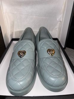 Chanel Light Teal Quilted Chunky Heeled ‘Moccasin’ Loader w/ Gold Heart Charm