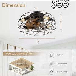 😀 19" Modern Caged Ceiling Fans with Lights and Remote, 7 Reversible Blades, 6-Speed DC Motor, Farmhouse Low Profile Flush Mount Enclosed Ceiling Fan