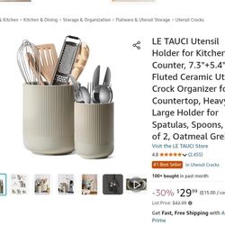 LE TAUCI Ceramic Utensil Holders Set of 2 Oatmeal Greige