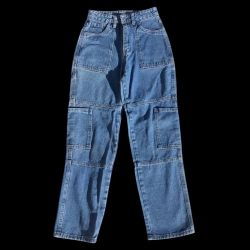 Women's Blue Denim Cargo Wide-Leg Jeans, S