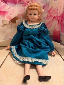 Vintage Porcelain Doll in Blue Dress 18”
