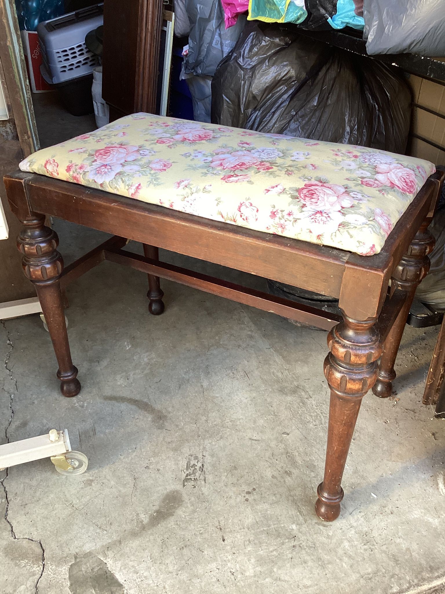 ANTIQUE BENCH W NEW FLORAL FABRIC