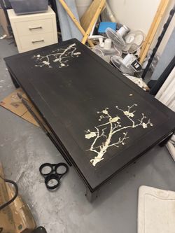 Oversized Asian-Style Coffee Table • Pearlescent Bird & Blossom Detail • $450