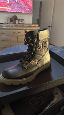 Amiri “MA” logo combat boots with the signature monogram jacquard panel