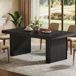 YC0089 63 Inches Farmhouse Dining Table for 6, Modern Kitchen Table with Fluted Line for Dining Room, Living Room, Black