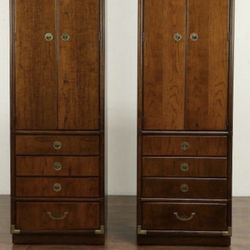 Pair of Vintage Campaign Style Drexel Accolade Cabinets, Lingerie Chest, TV Stand / Dresser 