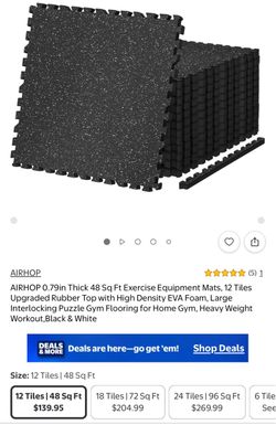 AIRHOP 0.79in Thick 48 Sq Ft Exercise Equipment Mats, 12 Tiles Upgraded Rubber Top with High Density EVA