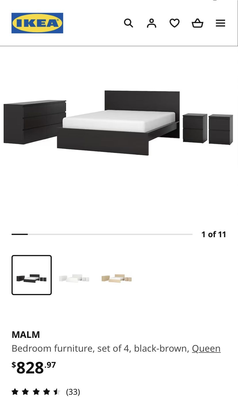 MALM Bedroom furniture, set of 6, black-brown, Queen