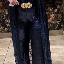 Navy Blue Sequin Kimono And Jumpsuit