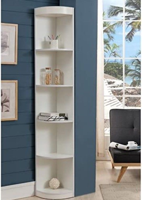 Furniture of America Maleena Wood 5-Shelf Corner Bookcase in White