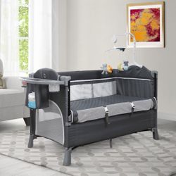 FUFU&GAGA Baby Deluxe Nursery Center ,Portable Bassinet Beside Playard with Comfortable Mattress,Changing Table and Toys, Gray