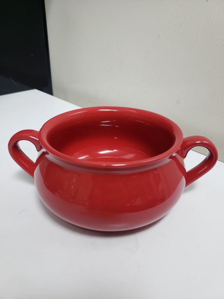 2-handled red ceramic bowl