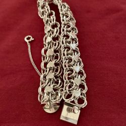 Vintage 1950s Sterling Silver Bracelet Triple Link w/ Hearts – Signed AR