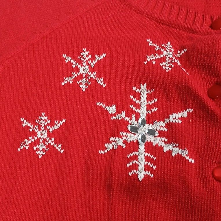 1X Liz Claiborne Red Embellished Snowflakes Christmas Cardigan Button Up Sweater