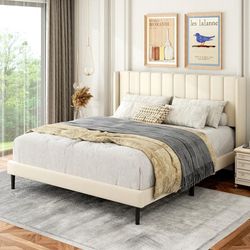 *Brand New* *Brand New* Queen Size Bed Frame with Upholstered Wingback Headboard, Beige (Mattresses Available!)