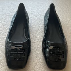 Tory Burch Black Georgia Square -toe Croc Embossed Leather Ballet Flats Size 8