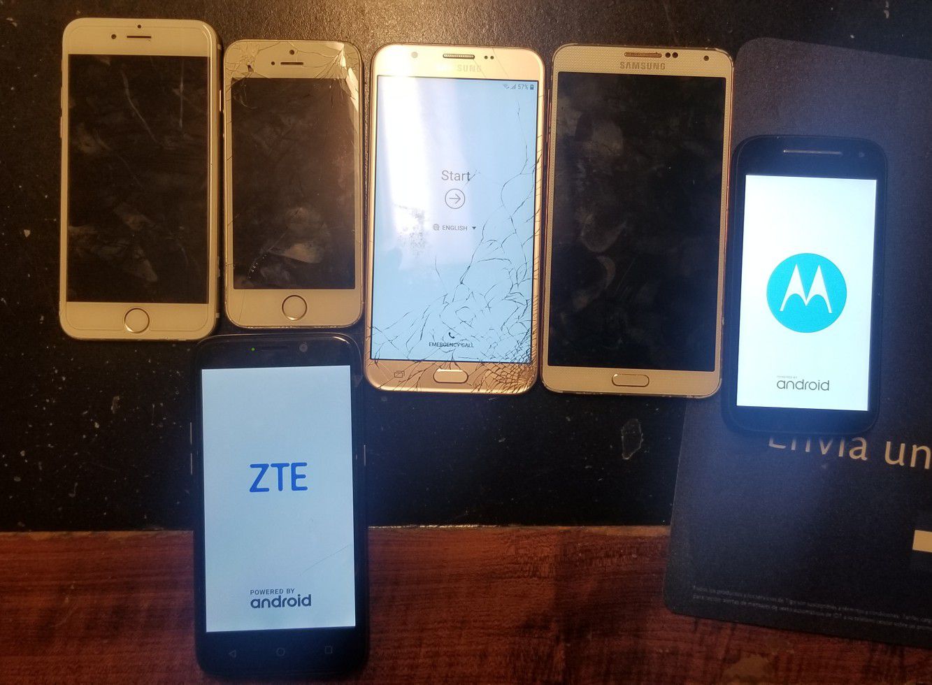 6 BROKEN PHONES - Note 3, ZTE, Moto E, Samsung J7, iPhone 5S & 6s, Galaxy S5