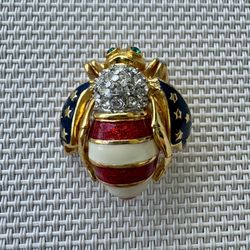 Vintage JOAN RIVERS Stars & Stripes Patriotic Enamel & Crystal Bee Pin Brooch