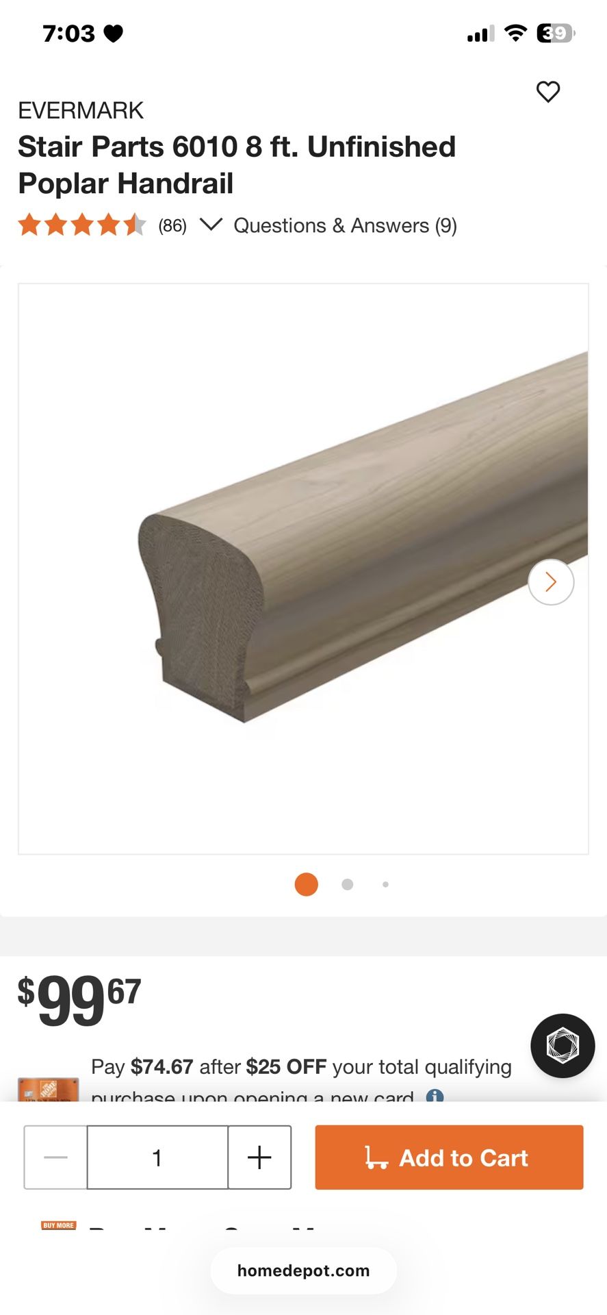 3 Qty. Unfinished Poplar Stair Handrail. 8ft