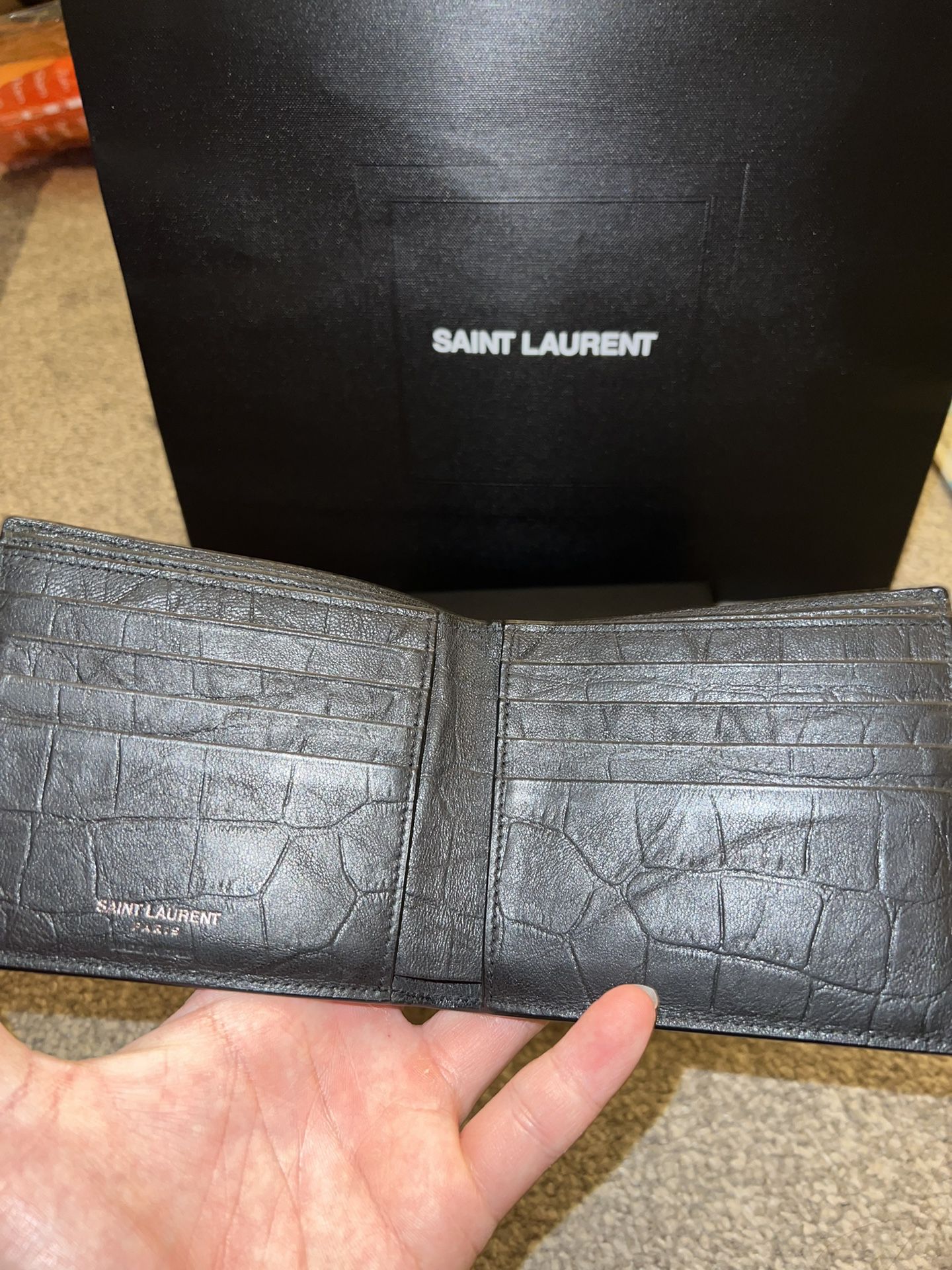 East West Croc Effect Bifold Wallet in Black - Saint Laurent