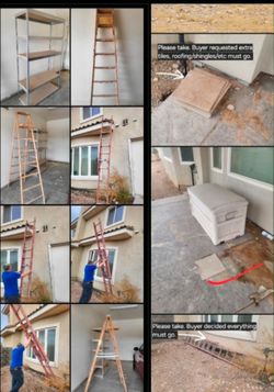 Title: Moving Sale — Ladders, Storage Shelf, Deck Box & Roof Tiles, Desk-Table