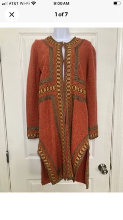 Anna Sui Cardigan Sweater Orange Embroidered Knee Length Size S Boho Artsy