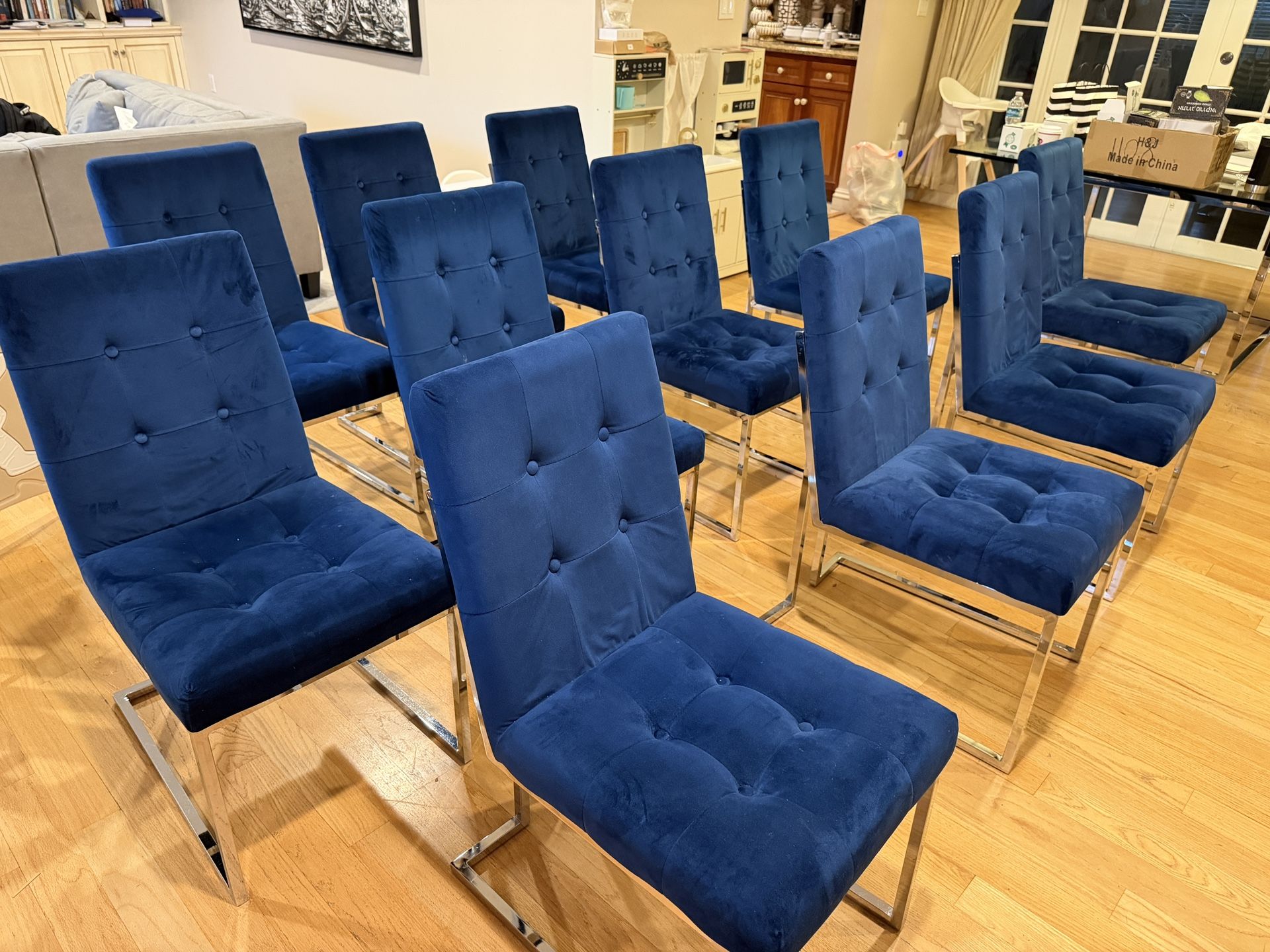 11 Blue Velvet Tufted Upholstered Metal Dining Chairs