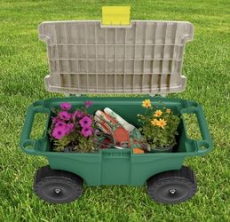 New Pure Garden 21.5” Long Plastic Rolling Garden Cart With Seat, Green