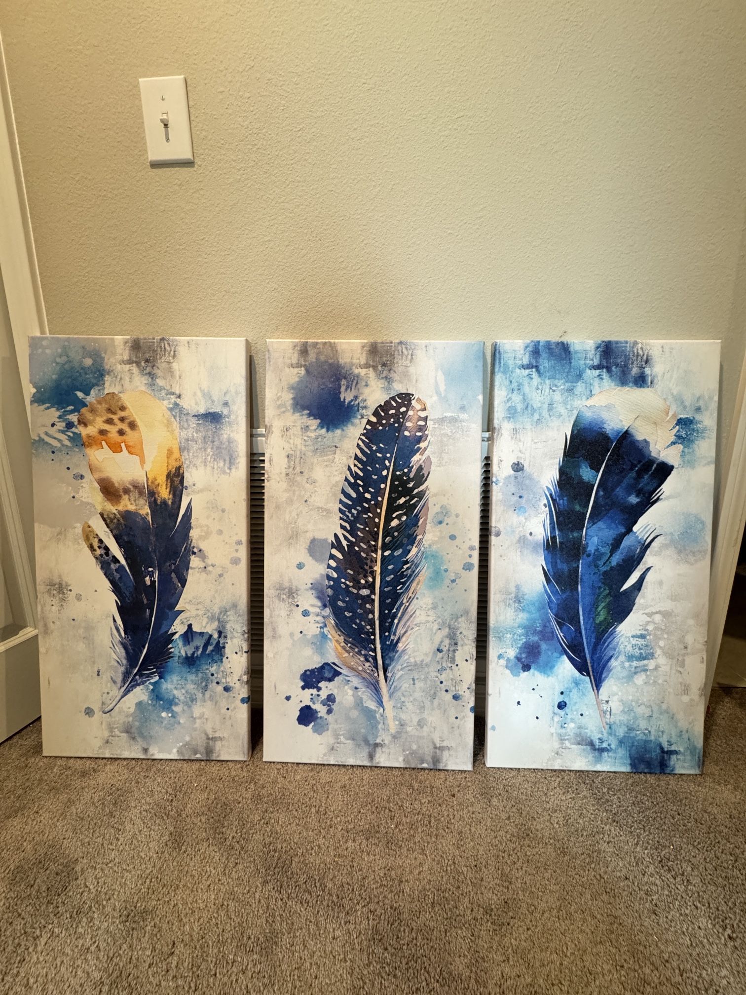 Wall Art, Feather, Canvas, Wall Art for Living Room, Bedroom, Large, Modern Artwork, Blue Watercolour Feather Print, 3 Pieces, Framed Wall Deco
