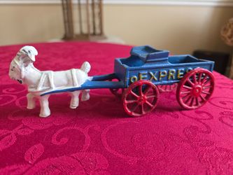 Vintage Cast Iron Goat Pulling Express Wagon Toy Blue Red White Antique Style