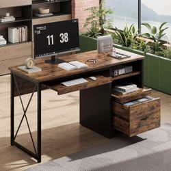 47" Computer Desk with Drawers, Small Home Office Desk with Drawer, Reversible Industrial Office Desk with Storage & Keyboard Tray for Small Space Hom