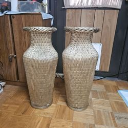2 Tall Gold Wicker Vases