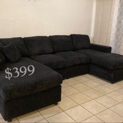 Stylish Black Corduroy Sectional Sofa Set No Tax ‼️