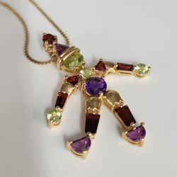 Whimsical 14k Yellow Gold Jester Natural Gemstones Pendant Necklace 16"